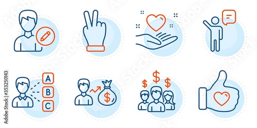 Edit person, Salary employees and Opinion signs. Victory hand, Hold heart and Sallary line icons set. Like hand, Agent symbols. Gesture palm, Friendship. People set. Outline icons set. Vector