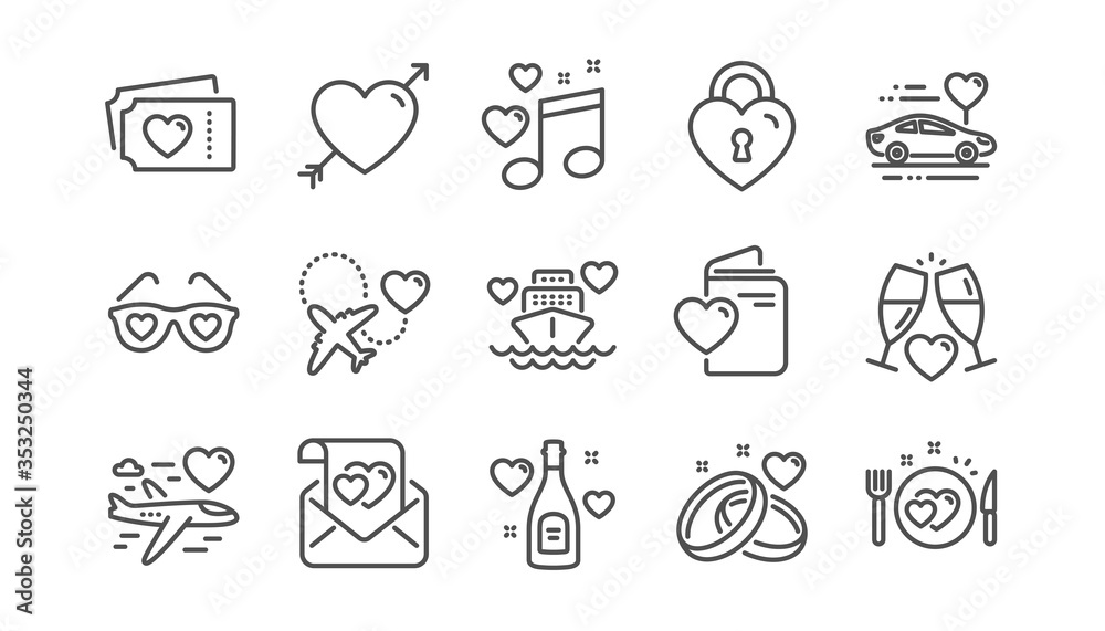 Honeymoon line icons set. Wedding car, marriage rings, love. Valentine heart, Bridal champagne icons. Couple tickets, honeymoon travel, married cruise. Wedding love music. Linear set. Vector