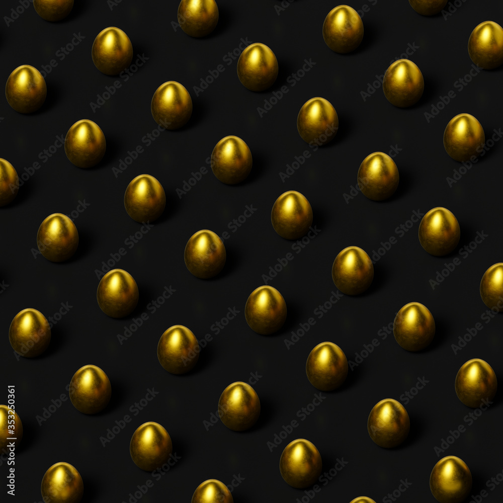 3d rendering, pattern of golden eggs on a black background. Minimal nutrition concept. 3d image, banner, icon, place for text, wallpaper 3d rendering, pattern of golden eggs on a black background. Minimal nutrition concept. 3d image, banner, icon, place for text, wallpaper