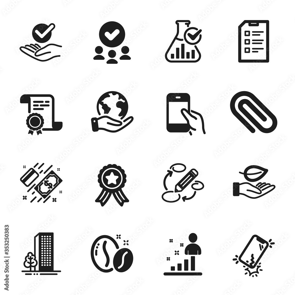 Set of Business icons, such as Chemistry lab, Checklist. Certificate, approved group, save planet. Payment, Paper clip, Hold smartphone. Keywords, Stats, Leaf. Vector Set of Business icons, such as Chemistry lab, Checklist. Certificate, approved group, save planet. Payment, Paper clip, Hold smartphone. Keywords, Stats, Leaf. Vector