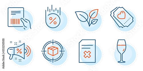 Parcel invoice  Love ticket and Wineglass signs. Delete file  Leaves and Parcel tracking line icons set. Loan percent  Sale megaphone symbols. Remove document  Grow plant. Business set. Vector