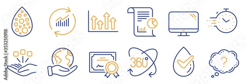 Set of Science icons, such as Artificial colors, Timer. Certificate, save planet. Question mark, Consolidation, Update data. Report, Computer, Dermatologically tested. Vector