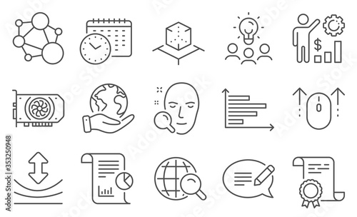 Set of Science icons, such as Message, Employees wealth. Diploma, ideas, save planet. Horizontal chart, Calendar time, Integrity. Gpu, Face search, Resilience. Vector