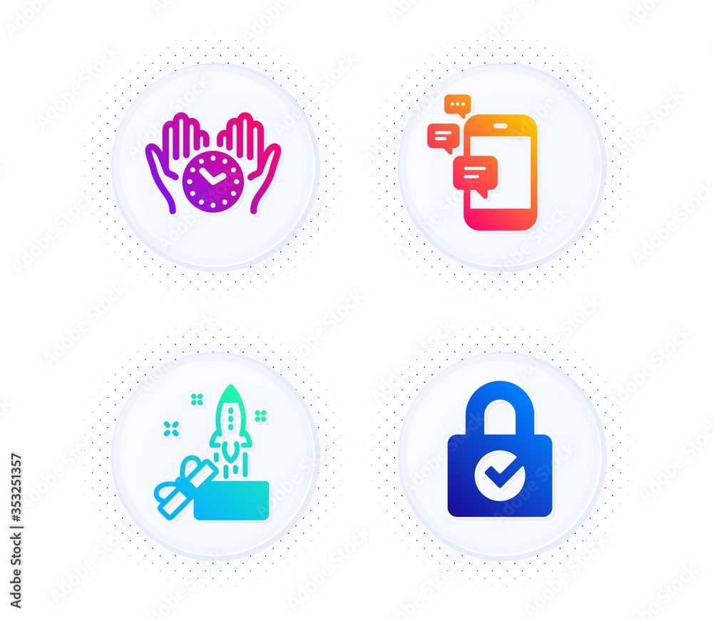 Innovation, Safe time and Communication icons simple set. Button with halftone dots. Password encryption sign. Crowdfunding, Hold clock, Smartphone messages. Protection locker. Technology set. Vector