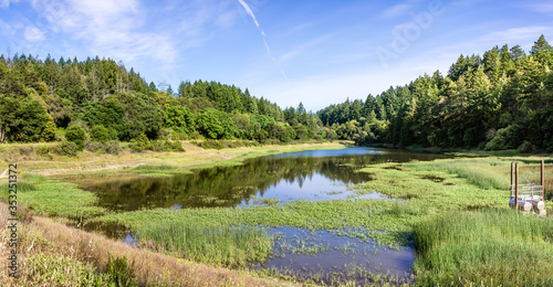 Lake Ranch Reservoir surrounded by the evergreen forests of Santa Cruz Mountains, the oldest reservoir owned and operated by San Jose Water  Sanborn County Park, California © Sundry Photography