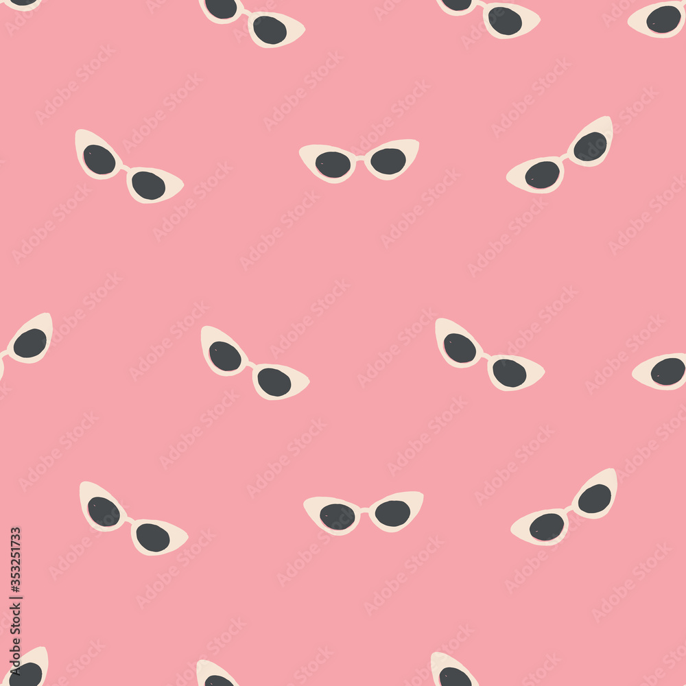 50s sunglasses. Stylish retro seamless repeating pattern of pink cateye sunglasses on a pink background.