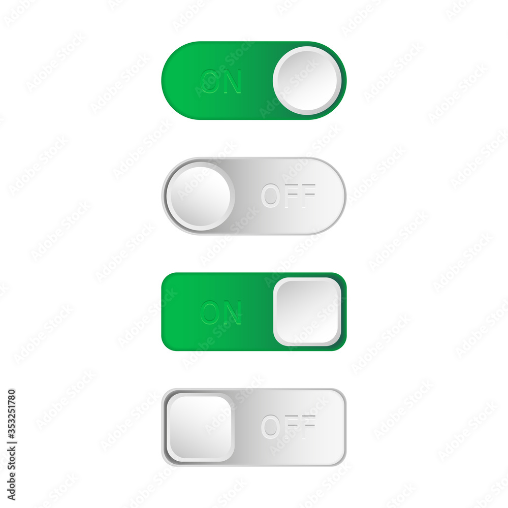 realistic icon On / Off Toggle Button. On and Off toggle switch buttons. Material design switch buttons set. Vector illustration isolated on white background. EPS 10 realistic icon On / Off Toggle Button. On and Off toggle switch buttons. Material design switch buttons set. Vector illustration isolated on white background. EPS 10