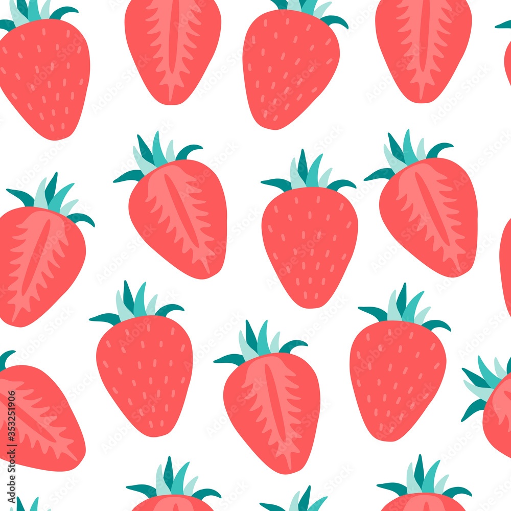 Seamless pattern strawberry hand drawn whole and slices on a white background, for textile, fabric design or fresh vegan menu. Vector illustration flat cartoon style. Seamless pattern strawberry hand drawn whole and slices on a white background, for textile, fabric design or fresh vegan menu. Vector illustration flat cartoon style.
