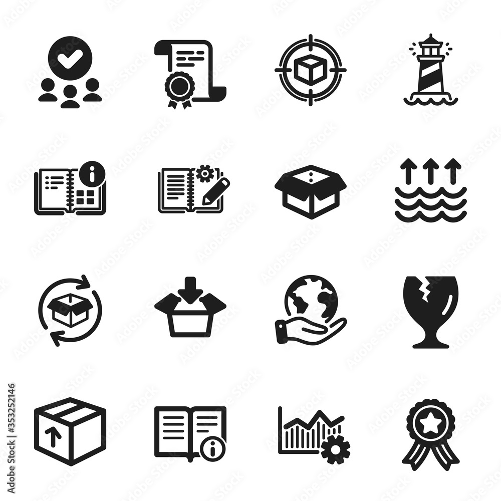 Set of Industrial icons, such as Technical info, Engineering documentation. Certificate, approved group, save planet. Parcel tracking, Package, Open box. Get box, Lighthouse, Return parcel. Vector Set of Industrial icons, such as Technical info, Engineering documentation. Certificate, approved group, save planet. Parcel tracking, Package, Open box. Get box, Lighthouse, Return parcel. Vector