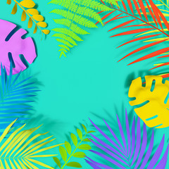 Exotic plants in bold rainbow colors. Tropical layout mockup. Background with painted leaves. Minimal colorful jungle concept art. 3D Render.