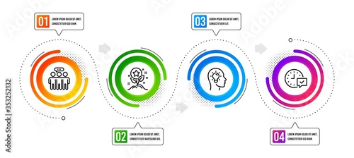 Employees group, Select alarm and Idea head line icons set. Infographic timeline. Loyalty points sign. Collaboration, Time symbol, Lightbulb. Bonus grows. Technology set. Vector