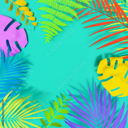 Exotic plants in bold rainbow colors. Tropical layout mockup. Background with painted leaves. Minimal colorful jungle concept art. 3D Render.