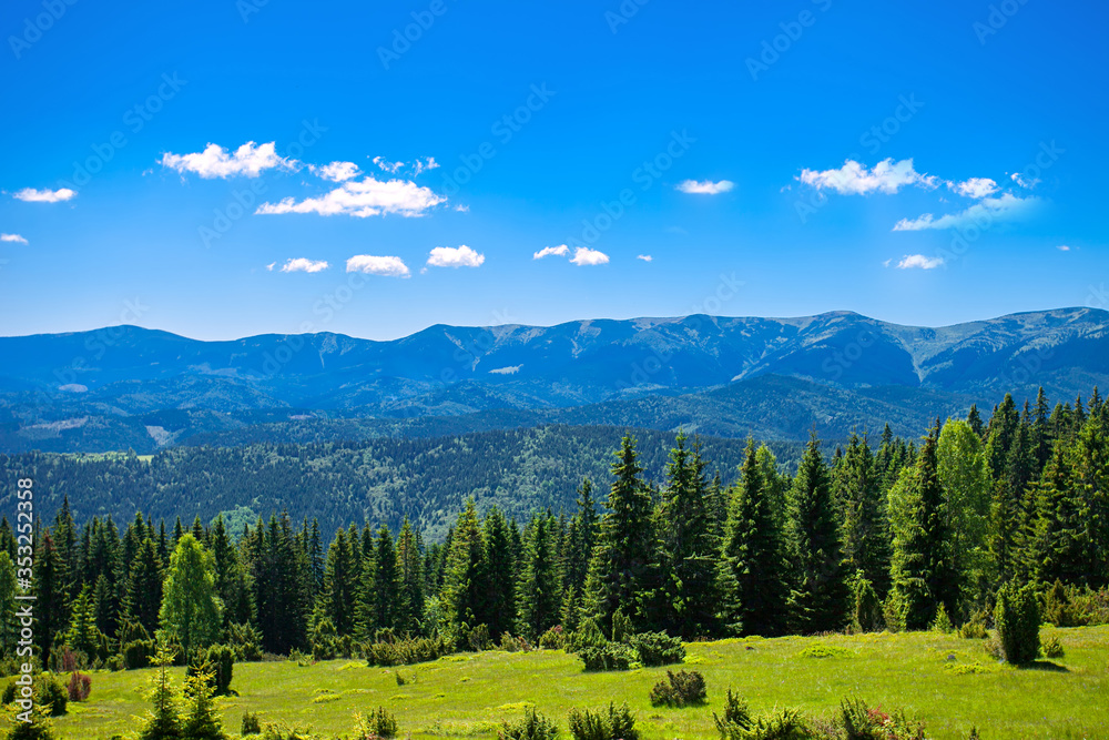  Summer mountain landscape with clouds. Carpathian mountains.