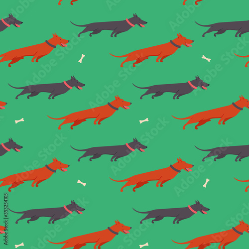 Seamless pattern with funny cartoon style icon of dachshunds. Simple background with cute family dog.