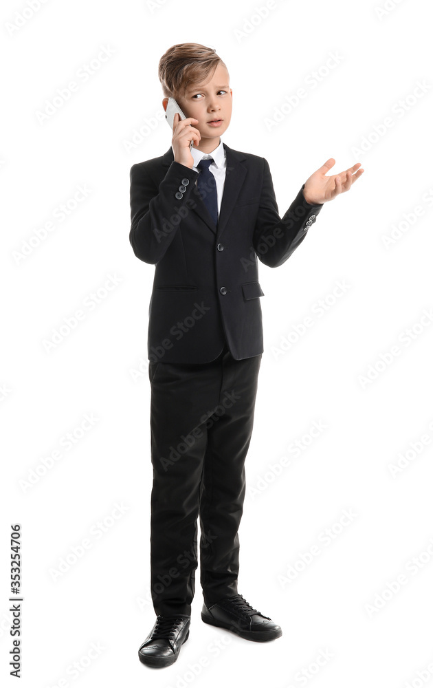 Portrait of little secretary talking by mobile phone on white background Portrait of little secretary talking by mobile phone on white background