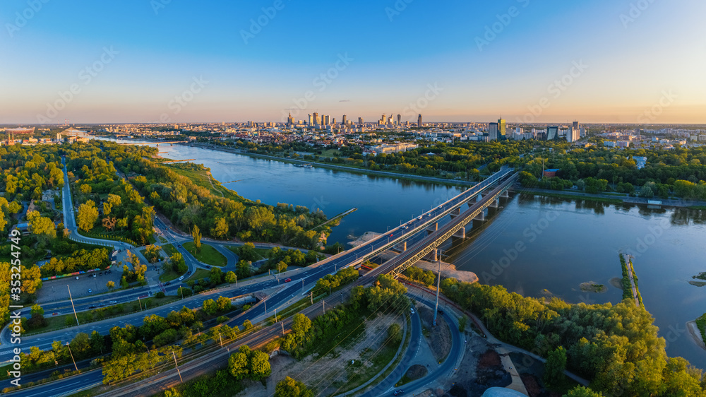 Warsaw city center and Gdanski bridge aerial view