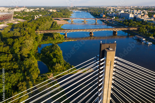 Warsaw Vistula river and bridges across aerial view
