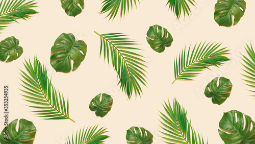 Creative layout made of tropic monstera leaves on pastel background. Minimal summer exotic concept with copy space. Tropical background.