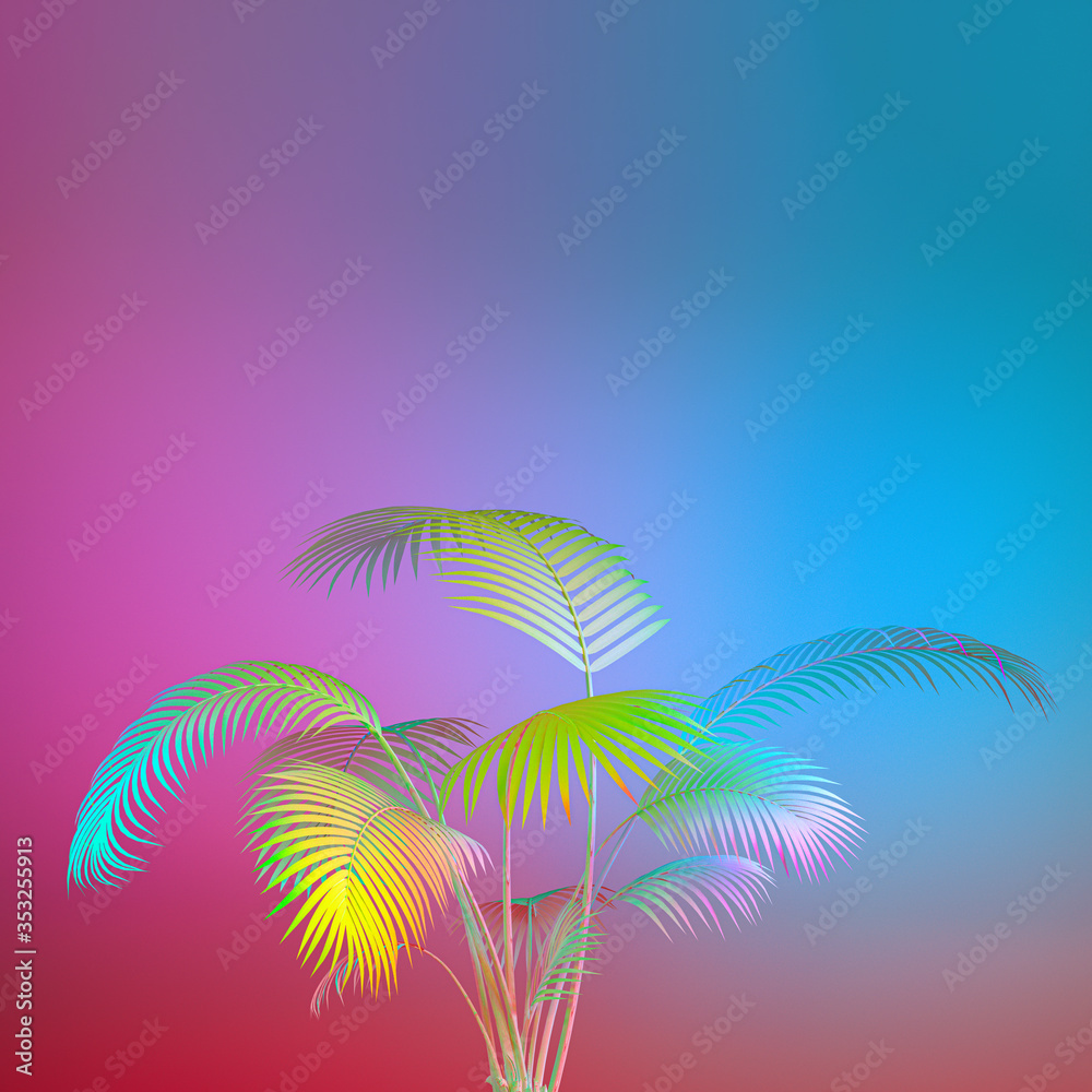 Exotic plant in bold rainbow colors. Tropical layout mockup. Background with painted leaves. Minimal colorful palm concept art. 3D Render.