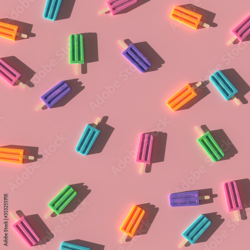 Colorful pattern with fruit popsicle icecream. Rainbow colors summer background. Sweet sunlight scene with sharp shadows.