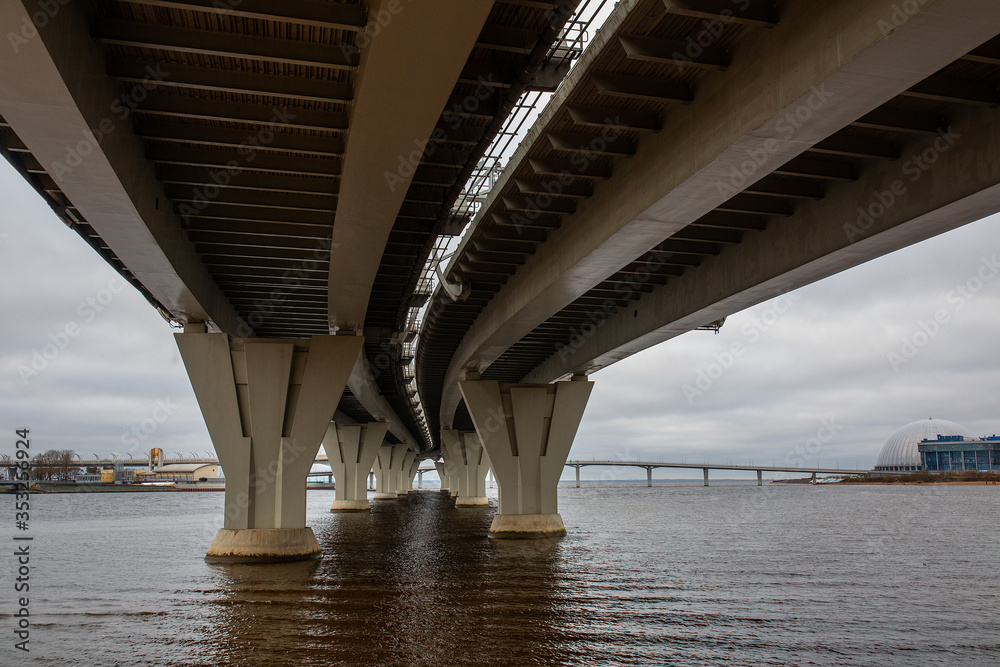 Bridge over the river. Space under the Expressway above Water (viaduct).
