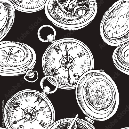Seamless pattern of different vintage pirate compass with cap. Vector black and white illustration.