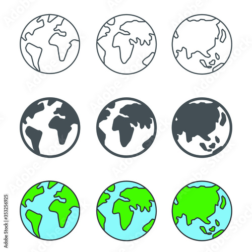 Rotating world globe, earth planet miniature, Save earth day. World environment day. Earth globe icons. Earth hour vector world map set. Vector illustration. Design on white background. EPS 10