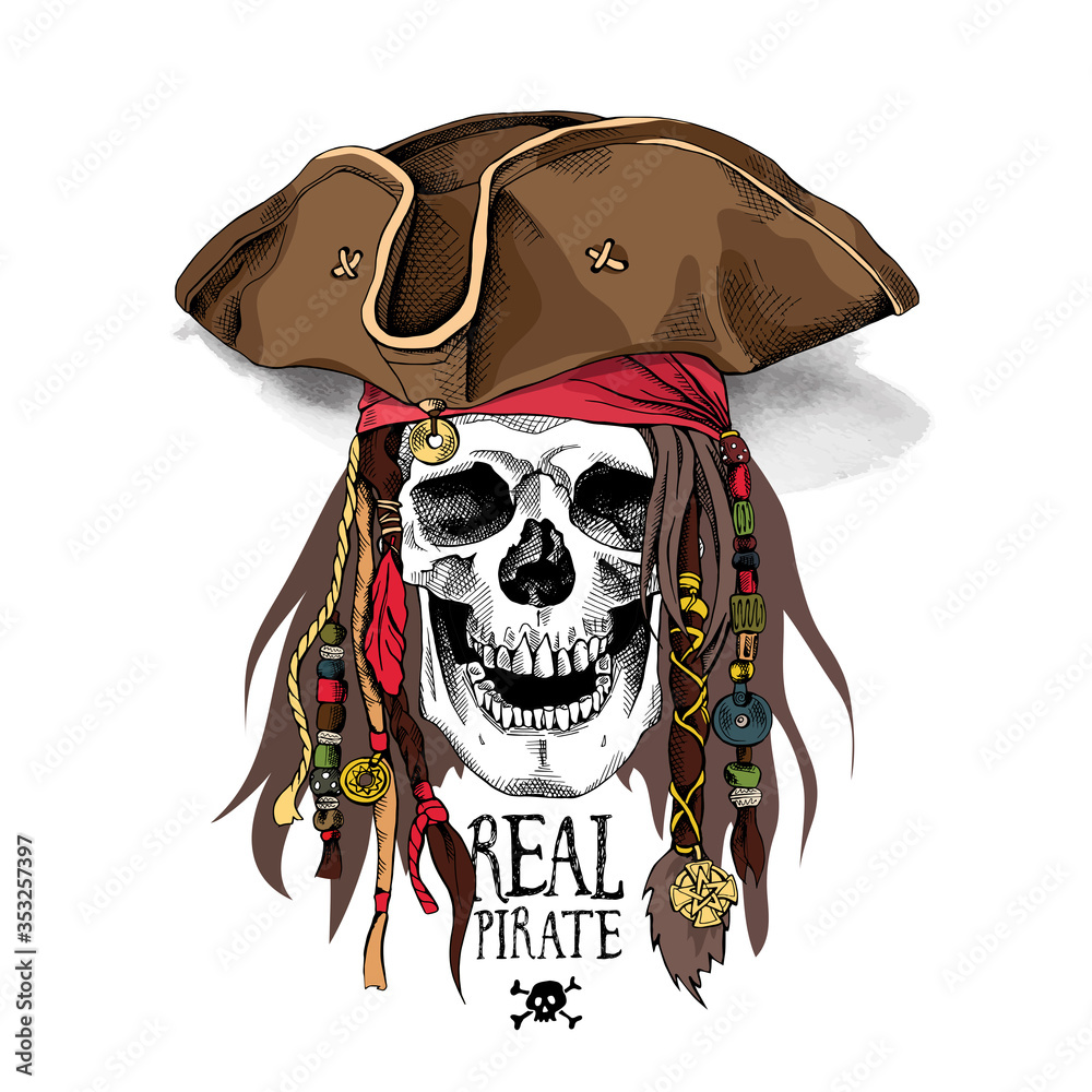 Portrait of a Smile Skull in Pirate hat, bandana and with a dreadlocks.  Vector illustration. Stock Vector | Adobe Stock