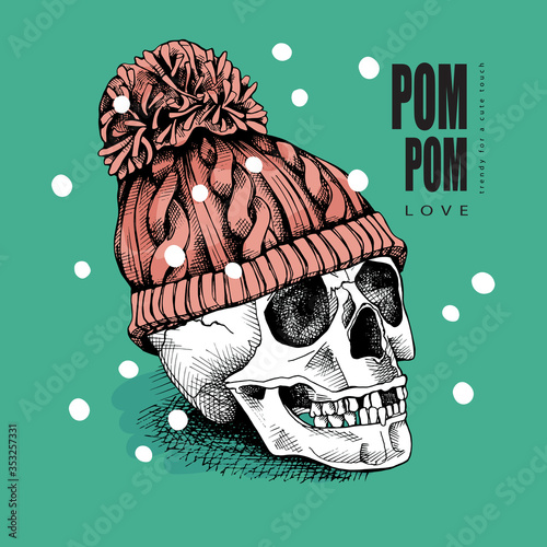 Skull in a hipster knitted hat with pom pom. Vector illustration.