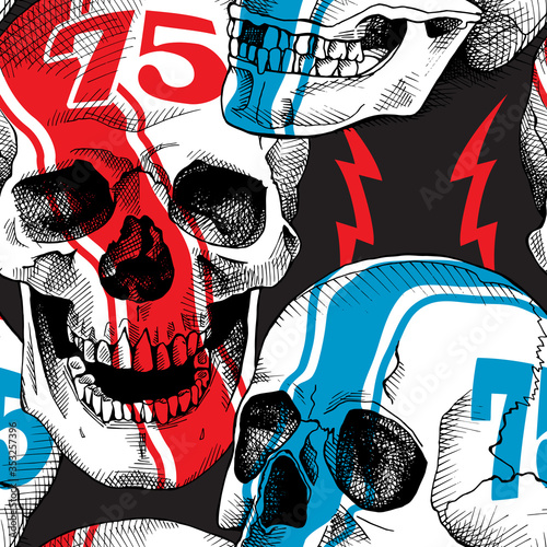 Seamless pattern with image of a racer skull. Vector illustration.