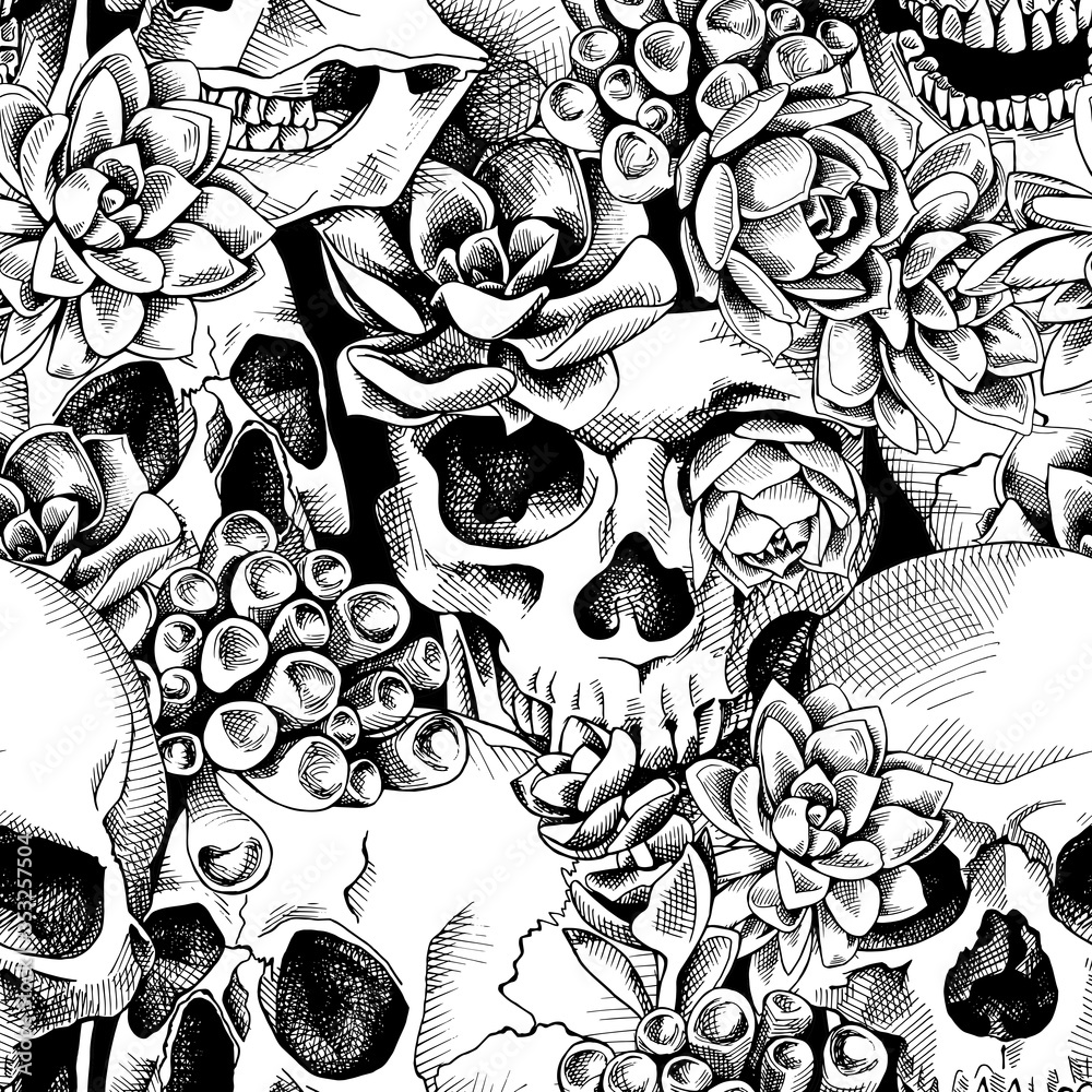 Seamless pattern with image of a skull and Succulent plant. Vector illustration.