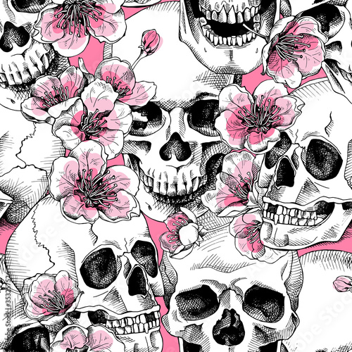 Seamless pattern with image a skull and with flowers pink cherry. Vector illustration.
