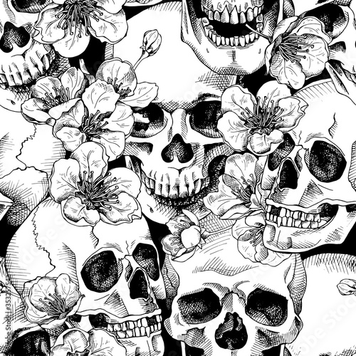 Seamless pattern with image a skull and with flowers cherry. Vector illustration.