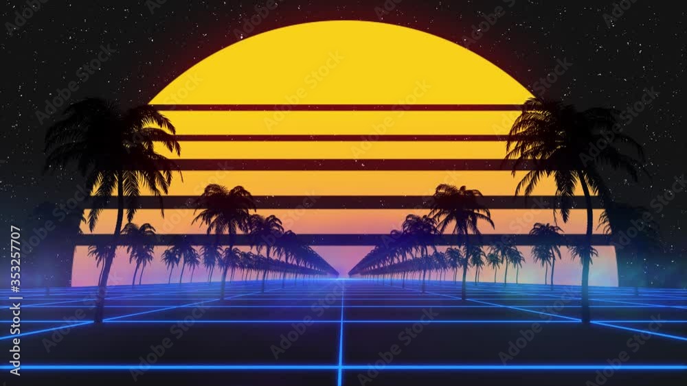 Stylized vintage 3D animation background with palm trees, sun and glowing stars. 80s retro futuristic sci-fi seamless loop.