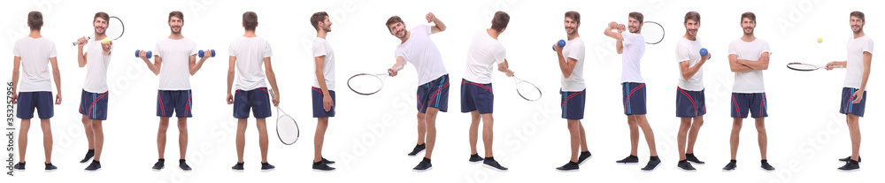 panoramic collage of male handyman isolated on white panoramic collage of male handyman isolated on white