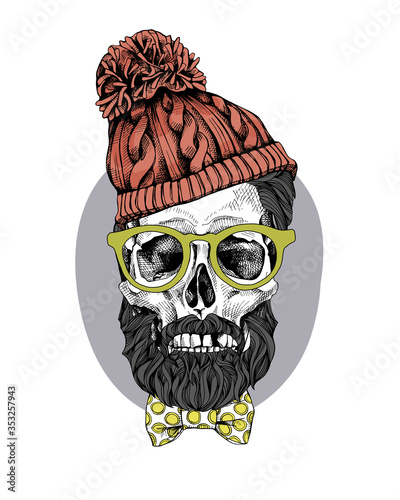 Skull with hairstyle, beard, mustache in the Hipster cap, glasses and bow tie. Vector illustration.