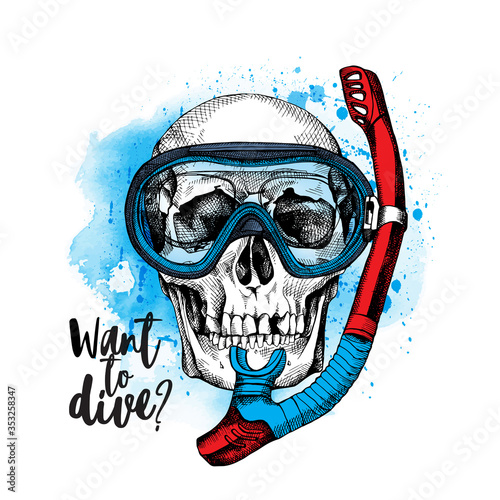 Skull in a Mask of a diver with tube. Vector illustration.