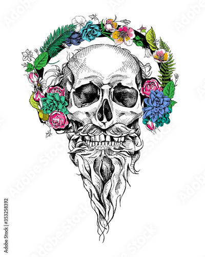 Skull with beard and mustache with a bright floral headphones. Vector illustration.