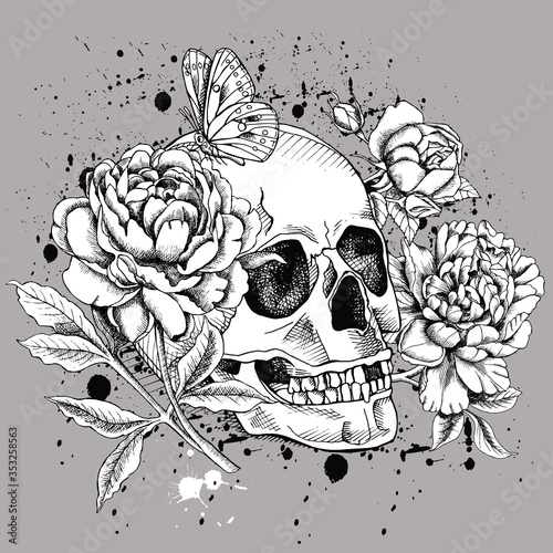 Image of a skull with flowers Rose, Peony and butterfly on gray background. Vector illustration.