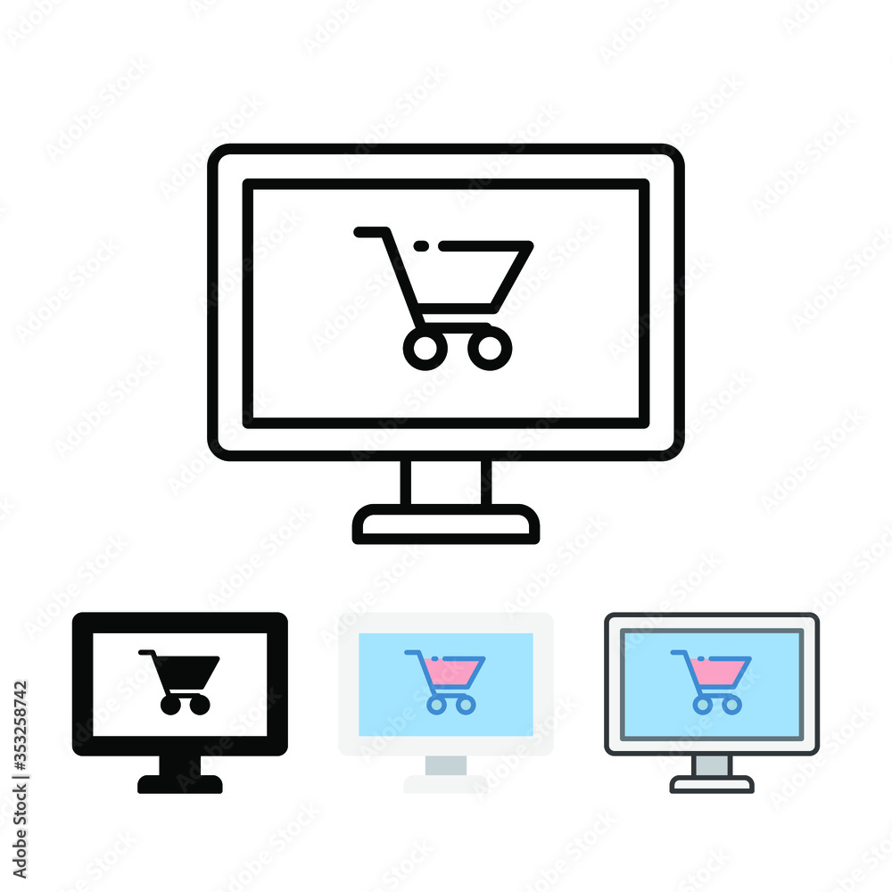 Trolley on monitor screen for shopping advertisement in e-commerce, online shop, e-payment or business. Monitor and shopping cart, trolley icon. Vector illustration. Design on white background. EPS 10 Trolley on monitor screen for shopping advertisement in e-commerce, online shop, e-payment or business. Monitor and shopping cart, trolley icon. Vector illustration. Design on white background. EPS 10
