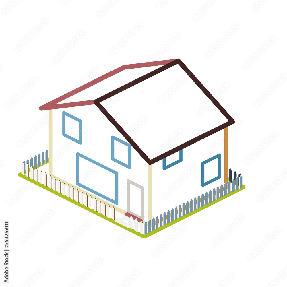 Simple isometric house with yard & picket fence Simple isometric house with yard & picket fence