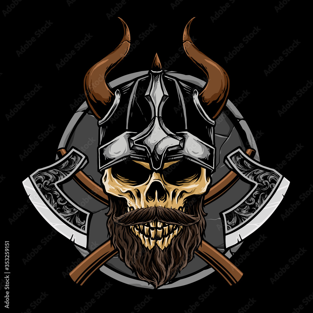 Fototapeta premium viking skull with weapon vector illustration