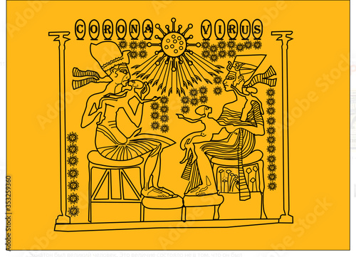 Illustration of ancient egyptian art Nefertiti and faraon Echnaton with the theme of coronavirus photo