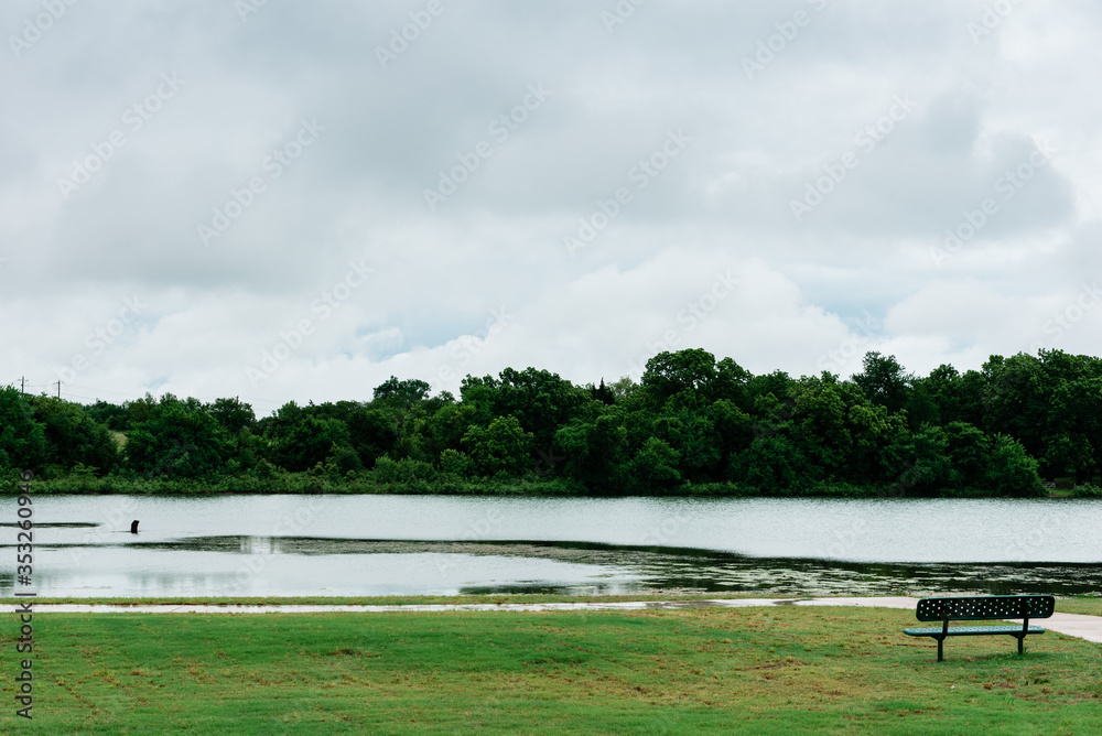 Obraz premium Serene waterfront view in Anna, Texas, on an overcast spring afternoon. Anna is a northern suburb of the Dallas Fort-Worth Metroplex. 