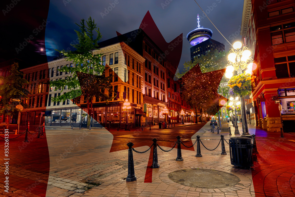 Steam Clock in Gastown, Downtown Vancouver, British Columbia, Canada. Historic Old Landmark in a modern city during night. Canadian Flag Overlay