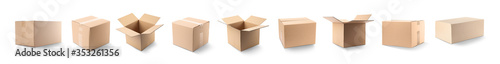 Set of different cardboard boxes on white background. Banner design