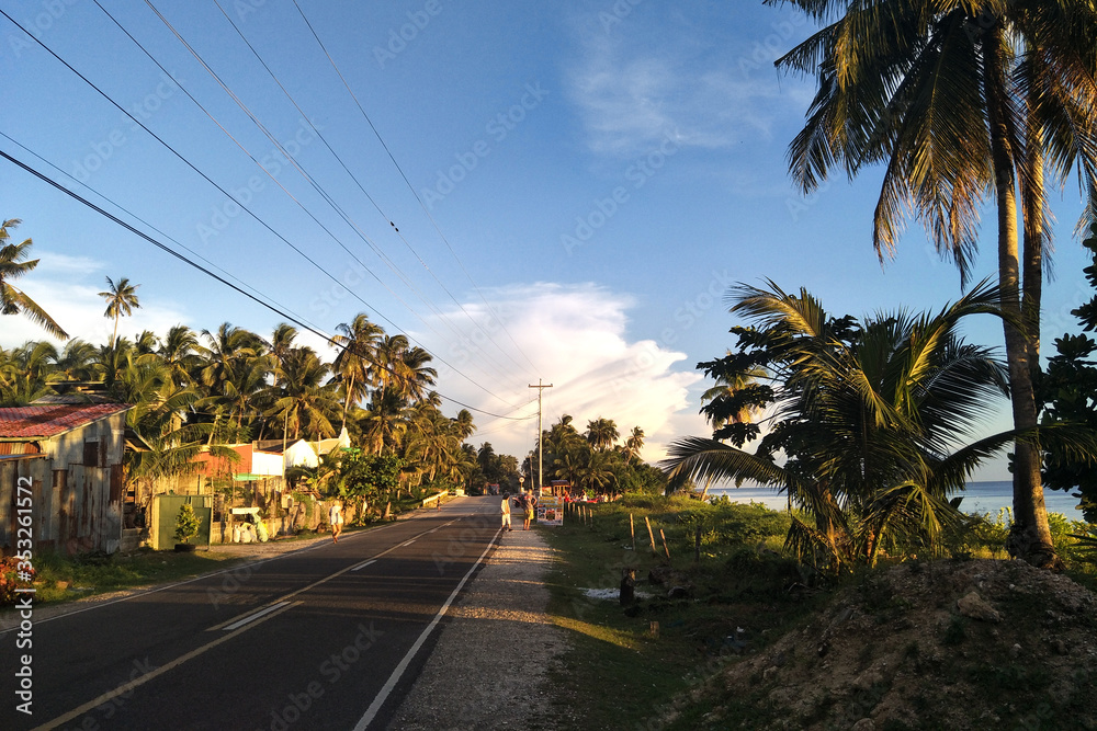 The view of the main road next to the coast with palm and coconut trees, small houses at the Siquijor Island, the Philippines. 