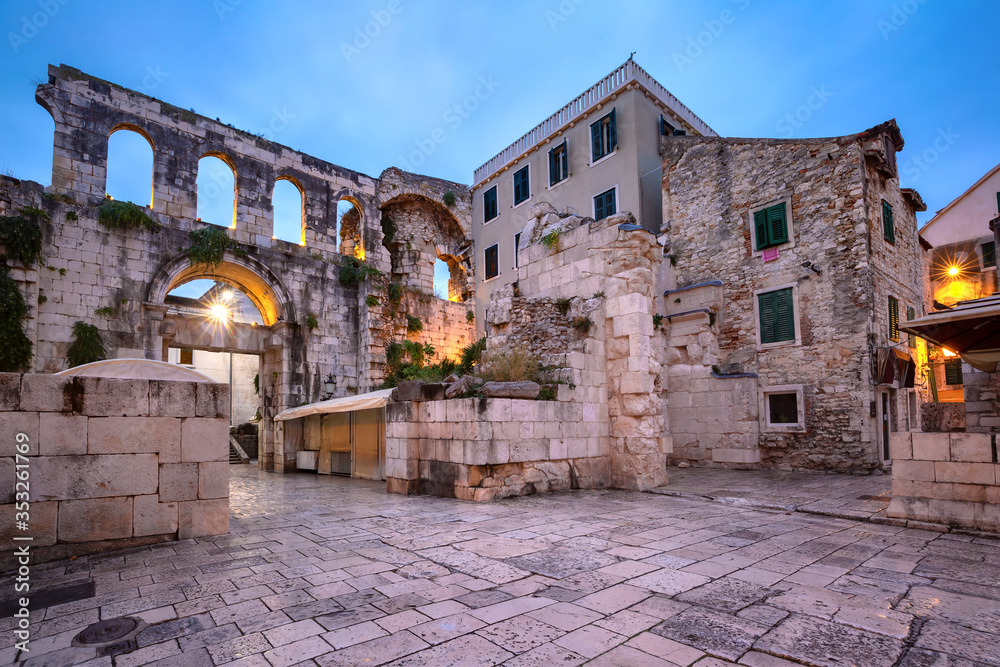 Naklejka premium Empty night Triklinij in Diocletian Palace in Old Town of Split, the second largest city of Croatia in the morning