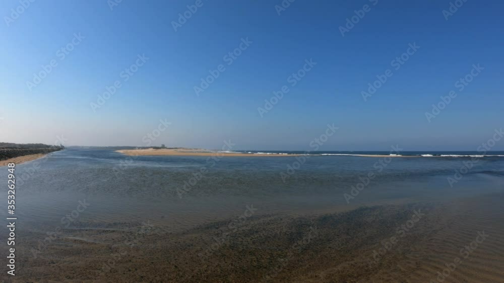Northern Litoral Natural Park in Esposende, Portugal. The two sides of Restinga de Ofir. One facing the ocean, the other the estuary of Cávado River. Cavado river mouth.
