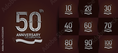 Anniversary logotype set with silver color and ribbon. vector design for celebration purpose, greeting, invitation card premium edition.	